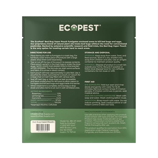 Bed Bug Vapor Pouch – 4 Pack | Natural Bedbug Killer for Treating Luggage, Mattress, Beds, Couches, and More | Home Pest Fumigant and Fogger for Indoor Treatment of Bed Bugs | Kills Bed Bugs and Eggs