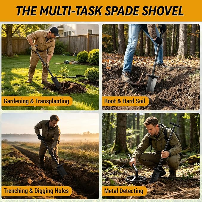 Metal Detecting Shovel, 39" Root Slayer Shovel with Serrated Blade, Lightweight and Durable Garden Spade Shovel, Metal Detector Shovel, Drain Spade for Cutting Root, Digging, Trenching, Transplanting