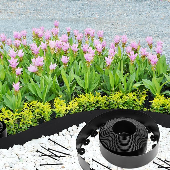 Sasylvia 6'' x 50' Landscape Edging Kit Plastic Garden Edging Border Include 45 Anchoring Spikes for Lawn Garden Grass Yard Home School, Black