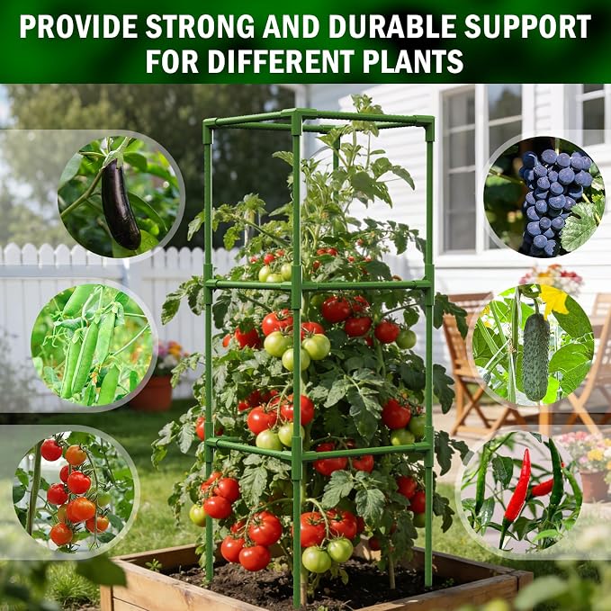 Uyittour 6 Pack Square Tomato Cages for Garden, 45" Heavy Duty Tomato Trellis Plant Support Cages for Raised Garden Bed Climbing Vegetables, Set with Garden Gloves, 40 Clips & 2 Rolls 65FT Tie Wire