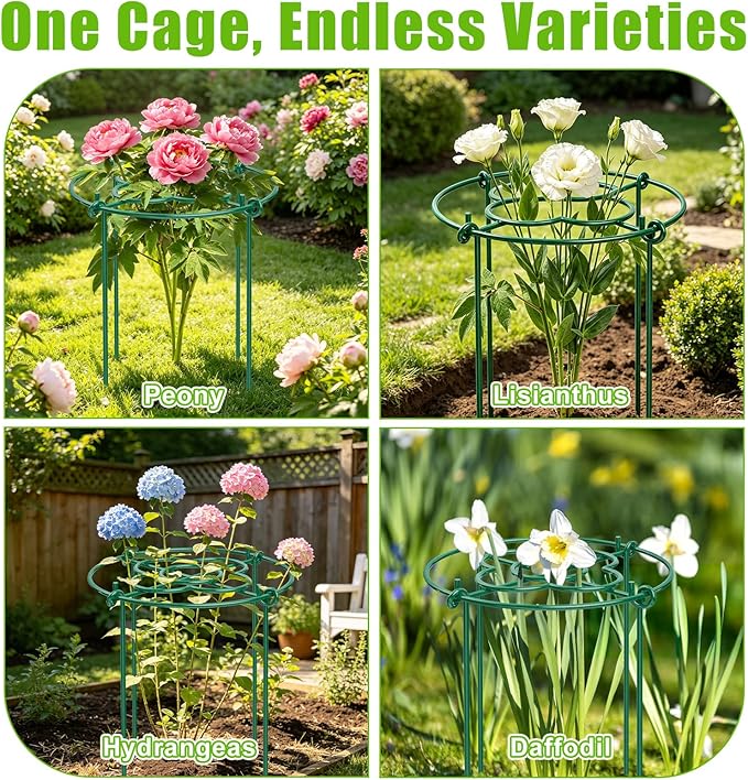 cyrico Peony Cages and Supports 5 Pack, 12” x 16” Heavy Duty 3.5mm Metal Peony Stakes with 4 Legs, Rust-Proof Grow Through Plant Support Hoops, Outdoor Garden Flower Support Rings for Heavy Blossoms