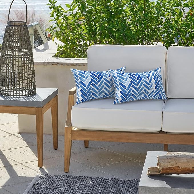 LVTXIII 2 Pack Outdoor Lumbar Pillow Covers 12x20 Inch with Piping, Water-Repellent Back Cushion Covers ONLY for Patio Furniture, Sofa, Garden Bench, Blue Bricks