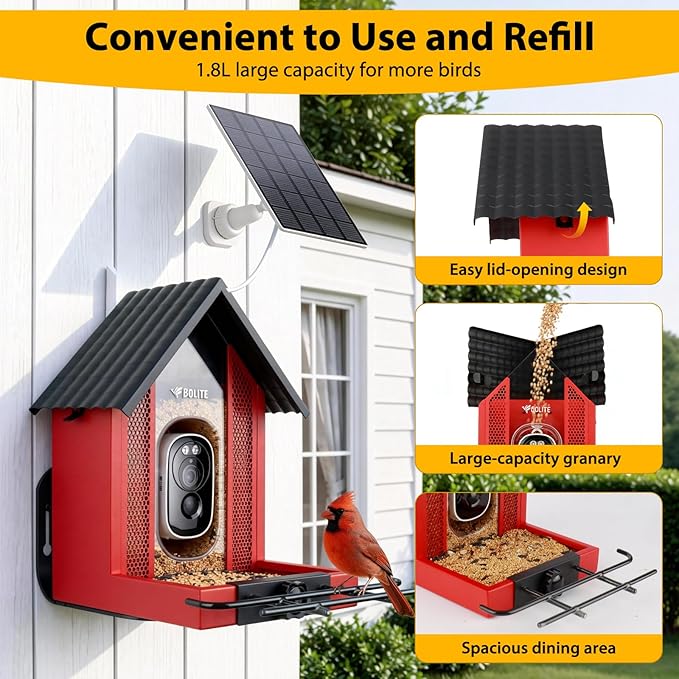 Smart Bird Feeder with Camera 2.5K HD, BOLITE Bird House for Outdoors, AI Auto-Capture & Motion Detection, Weatherproof Camera, Solar Powered, Ideal Gift for Men Women Mom Dad & Bird Lovers, Red