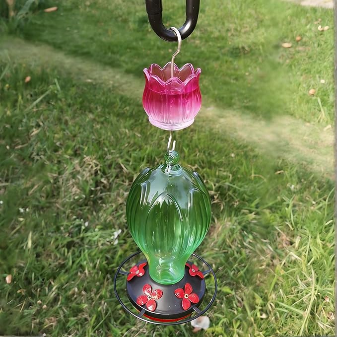 Glass Ant Moat for Hummingbird Feeder - 2PC x 3 OZ Gradient Fuschia Tulip Insect Guard with Large Capacity