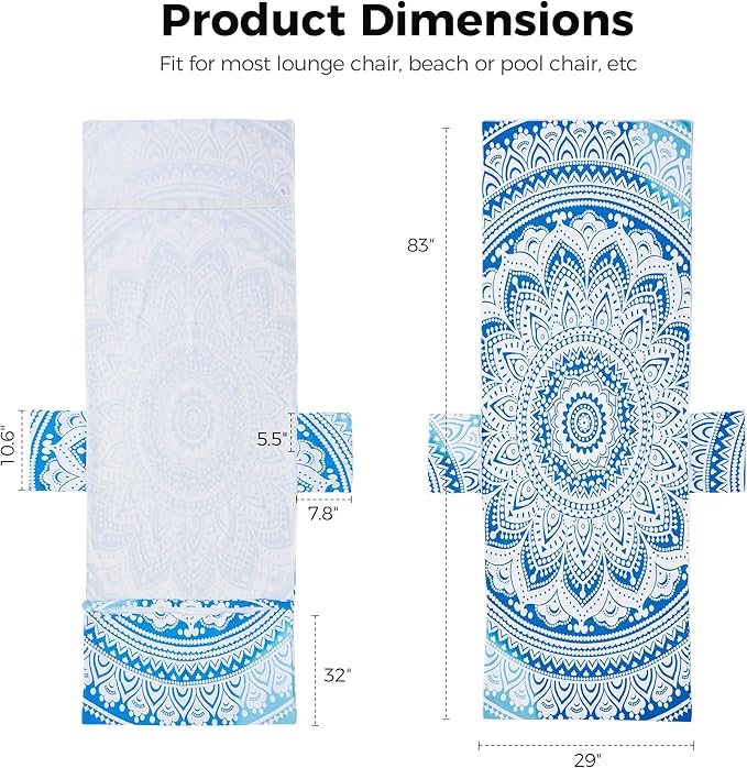 Lounge Chair Towel Covers, 2 Pack Outdoor Chaise Lounge Slipcover, 83" X 29" Bohemia Style Microfiber Beach Chair Cover, Soft Absorbent Chaise Cover with Pockets for Pool Garden Patio