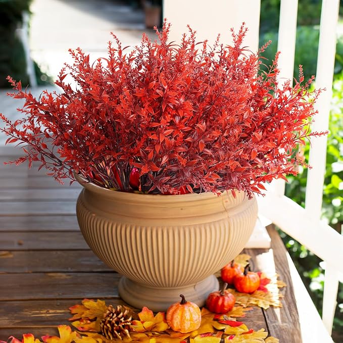 RECUTMS Fake Outside Flowers Artificial Fall Lavender Plants Faux Greenery UV Resistant Artificial Flowers Bulk Fake Outdoor Plant Faux Autumn Plants for Garden Party Cabinet Autumn Decor (Wine Red)