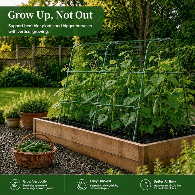 FOLLOOK Cucumber Trellis for Raised Garden Bed, Rustproof Metal Garden Arch Trellis for Climbing Plants Support Outdoor Fruit Grape Vine Vegetable Tomato Pole Bean Snap Pea Trellis, 48x48inch, Green
