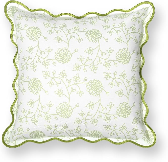 Hofdeco Premium Coastal Patio Indoor Outdoor Scalloped Throw Pillow Cover Only, 20"x20" Water Repellent for Backyard, Couch, Green Print Dahlia Floral