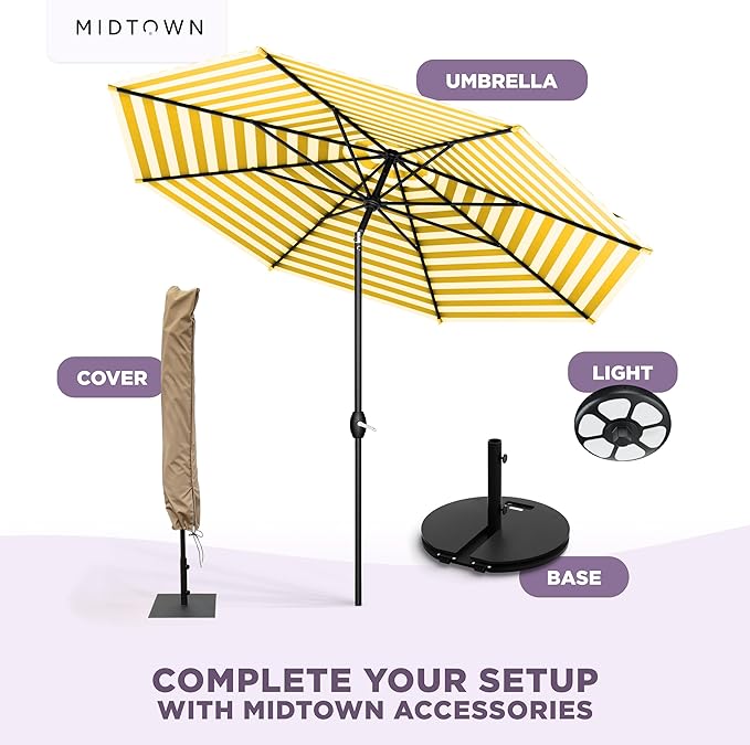 Midtown Umbrellas - 10-Year-No-Fade 10 Ft Patio Umbrella with Terylast Fabric, Auto-Tilt Aluminum Frame and 8 Reinforced Ribs for Deck, Pool, Garden & Beach - White/Yellow Stripes Canopy, Black Pole