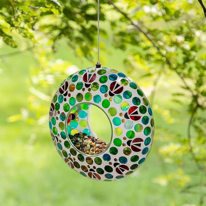 Glitzhome 8''D Mosaic Hanging Bird Feeder, Wild Bird Feeder with Blue/Green Dots & Ladybugs, Fly Through Bird Feeder for Outdoors Garden Yard Patio Deck Porch Decor