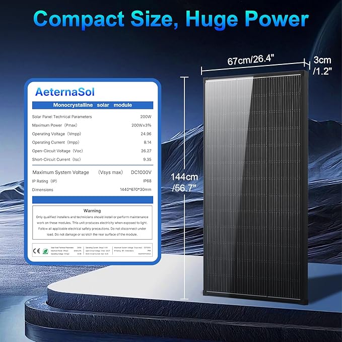 Solar Panels,200 watt Solar Panel 12v n Type 18bb Solar Panel A+ Grade PV Module with IP68 Junction Box,25% Cell Efficiency 200w Solar Panels for Off Grid RV Boat Rooftop Camper(200W Black