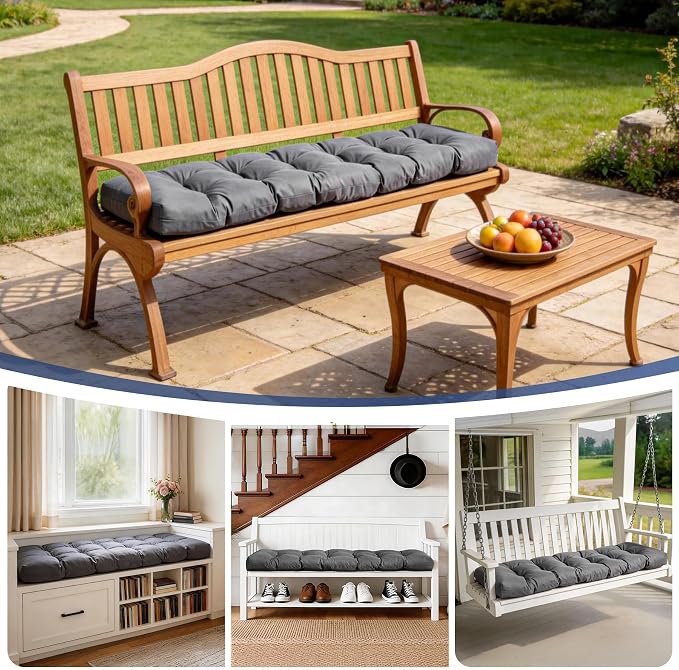 IASEAHK Outdoor Bench Cushion 59x18x5 Inch, Waterproof & Fade-Resistant Patio Furniture Cushions, Tufted Memory Foam Indoor/Outdoor Cushions for Couch Swing with Non-Slip Backing & Straps, Dark Grey