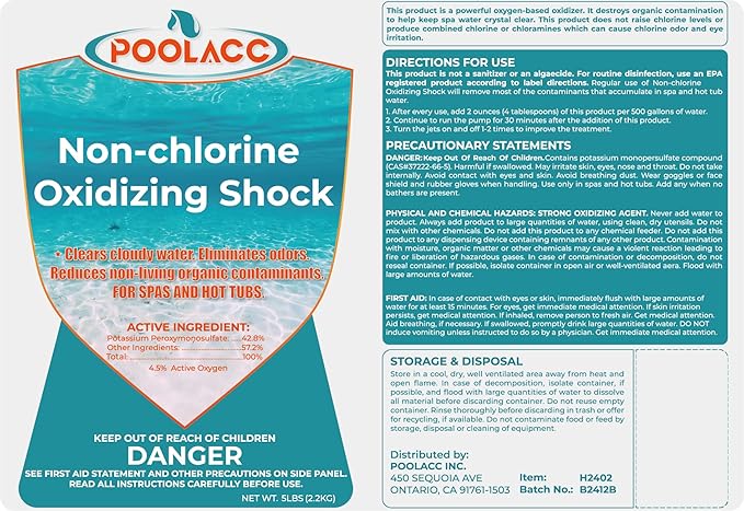 POOLACC Non-Chlorine Spa Shock for Hot Tub - 5 lbs, Chlorine-Free Shock Oxidizer Treatment for Hot Tubs, Spas and Swimming Pools, Fast Acting, Quick Dissolving Oxidizing Shock for Crystal Clear Water