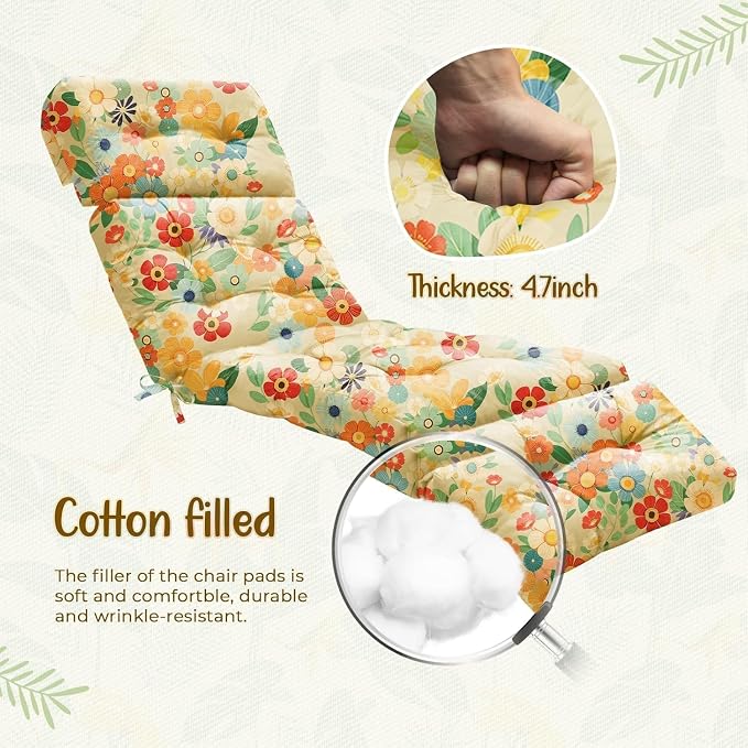 2 Pack Outdoor Chaise Lounge Chair Cushion 75.1 x 22.8 x 4.7 Inches 100% Waterproof Replacement Cotton Patio Pool Lounge Chair Cushion for Outdoor Furniture with Ties,Daisy