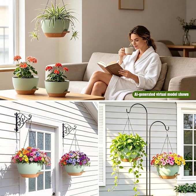 8 Inch Self Watering Hanging Planters, 3 Pack Plastic Plant Pots | Sturdy lightweight pot with side watering lip, drainage holes, snap-on detachable tray & hanging chain for easy care