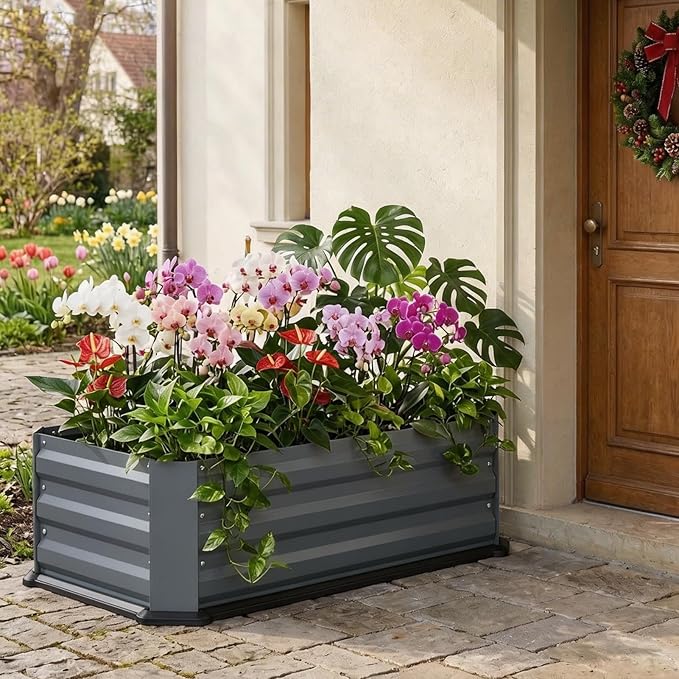 2 Pcs Galvanized Raised Garden Bed with Bottom, Indoor Metal Raised Garden Beds, Easy Assembly No leaks & Rust-Proof Flower Bed, Outdoor Planter Box for Vegetables, Herbs, Patio, Balcony, Grey