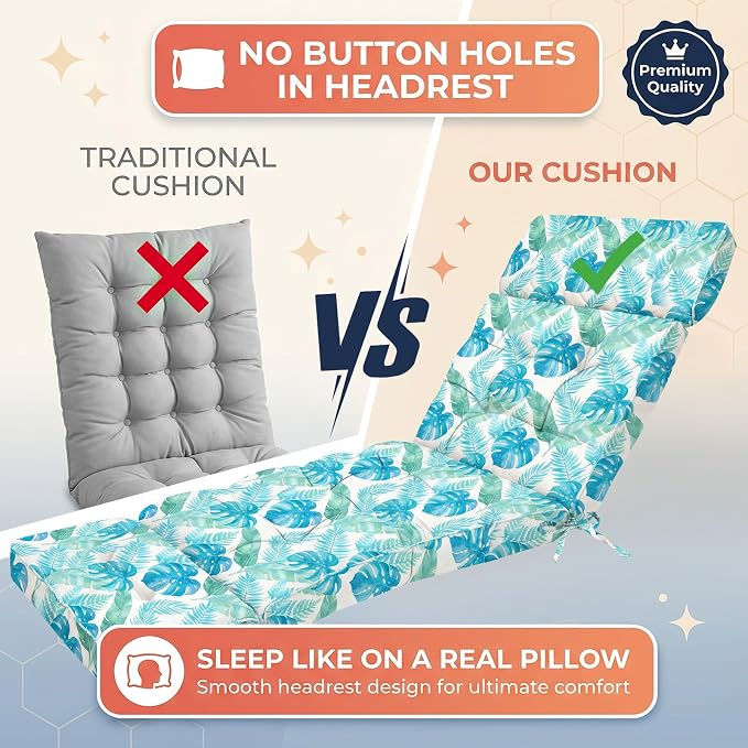 MAGIC ELEPHANT Chaise Lounge Cushion Outdoor, Memory Foam Patio Lounge Chair Cushion with Ties for Outdoor Furniture, 74 x 22 x 4 Inch (Aqua Monstera)