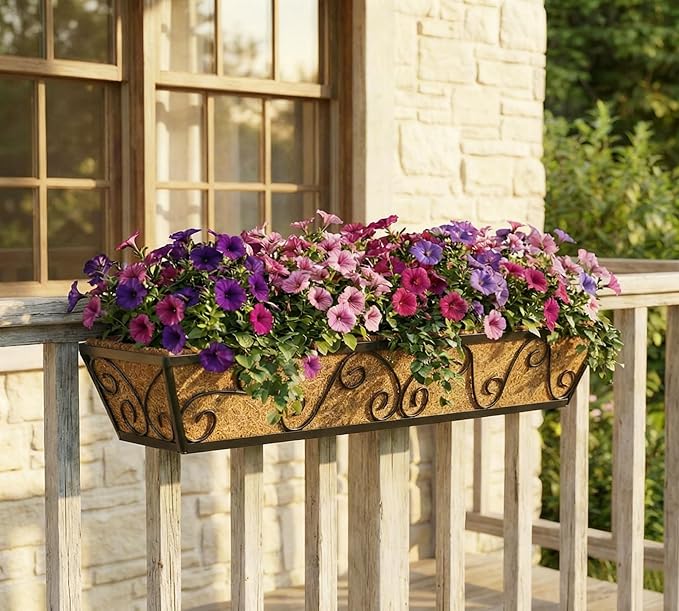 Y&M 30 Inch Window Deck with Coco Liner, Fence Metal Hanging Flower Planter Window Basket Deck Railing Planter Boxes for Outdoor Garden Lawn-Butterfly, 6pcs