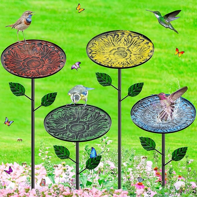 4 Pack Metal Bird Bath for Outside, Small Hummingbird Bath Bowl with Metal Stakes, Detachable Birdfeeder Birdbath Garden Decor for Outdoor Yard Lawn