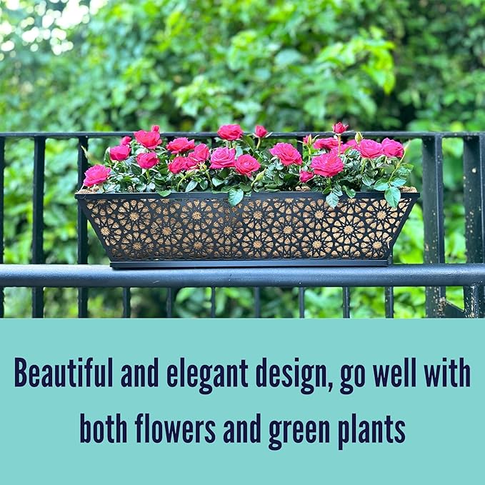 LaLaGreen Window Planter Boxes Outdoor (24 Inch, 4 Pack) Large Fence Hanging Planters Outdoor Plants, Metal Deck Railing Flower Box with Coco Liner, Modern Horse Troughs Balcony Pots Patio Porch Rail