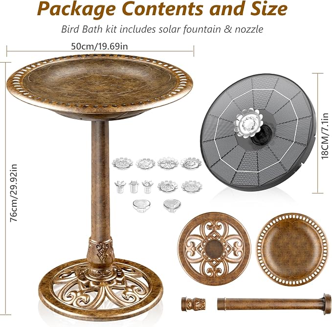 AISITIN 28 Inch Bird Bath with 3.5W Solar Fountain for Outside, Antique Copper Polyresin Pedestal Bird Baths for Outdoor Garden Courtyard Decor, Weather-Resistant Birdbaths with 20" Bowl & 8 Nozzles