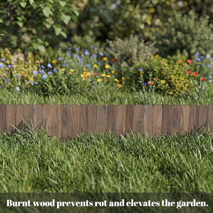 Garden Wooden Fence Edging, Burnt Wood Finish, Fir Wood,Outdoor Lawn Landscape Border (2, 7.87“ Height)