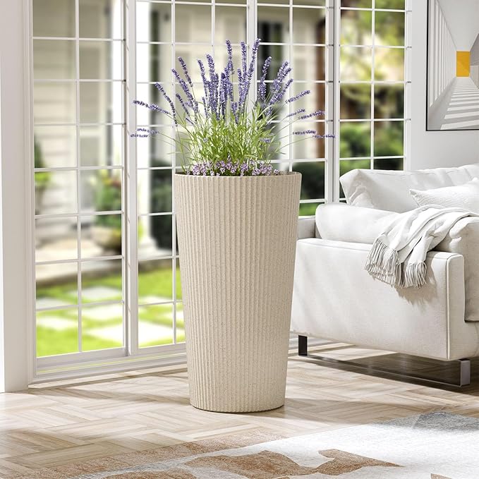 23.6" H Tall Planters for Outdoor Plants, 2 Pack Large Outdoor Planters for Front Porch Decor with Drainage Hole, Plastic Striped Flower Pots Fits Indoor Plants Patio Garden, Black