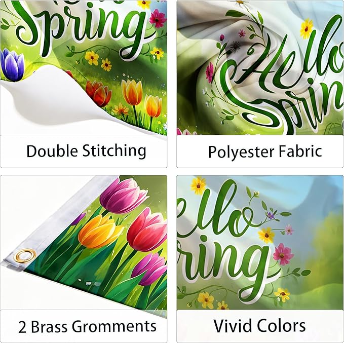 Hello Spring Flag 3x5 Ft, Double Sided Garden Banner with Colorful Tulips and Flowers, Outdoor Yard, Porch, Lawn & Patio Decoration, Seasonal Welcome Flag for Home, Durable Polyester with 2 Brass Grommets