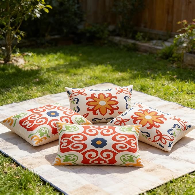 Pyonic Outdoor Waterproof Throw Pillow Covers for Patio Furniture Decorative Boho Pillow Covers 12x20 Floral Printed for Patio Tent Couch Garden Set of 4,Orange