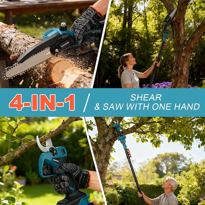 Electric Pruning Shears & 6 Inch pole saws for tree trimming with 7ft Max Extension Pole, Cordless Pole Saw & Electric Pruning Shears Set,2 * 4.0Ah Batteries,Electric Pole Saw Tree Trimming Kit