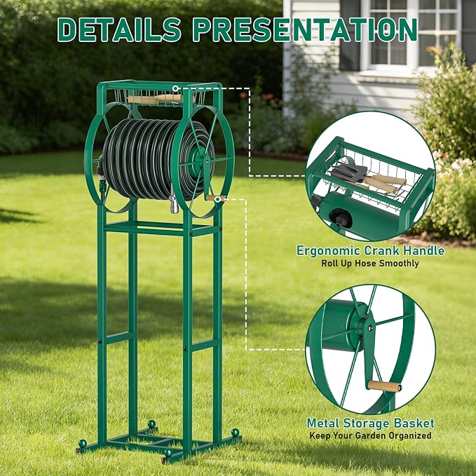 Garden Hose Reel Stand with Storage Rack - 125ft 5/8" Water Hose Organizer Holder, 4 Ground Spikes & Hooks, Universal Water Hose Adapter, Detachable Metal Frame, Green