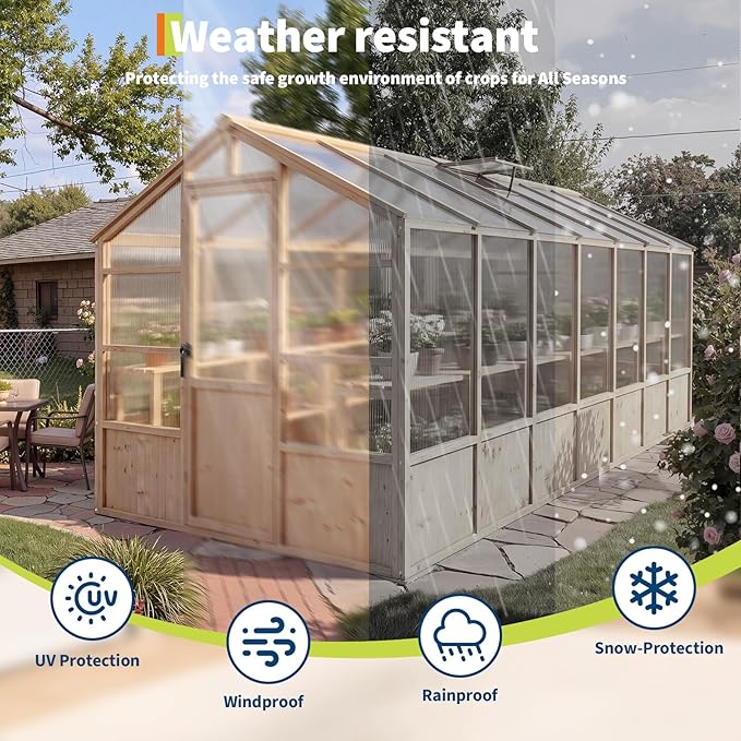 GarveeLife 8'x14' Wooden Greenhouse for Outdoor, Large Walk-in Greenhouse Kit with Ventilated Window, Door & Polycarbonate Panels, Heavy Duty Wood Frame Green House for Patio Garden Backyard