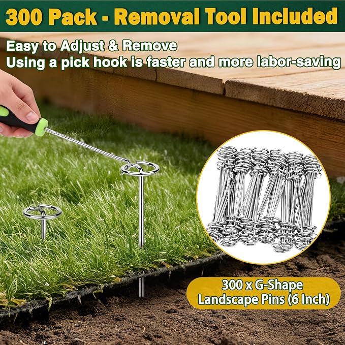300Pcs Landscape Fabric Staples Pins,Heavy Duty Circle Top Landscape Fabric Stakes, 6 inch Galvanized Weed Barrier Stakes Pins with Removal Tool,Reusable Garden Staples for Weed Barrier Fabric