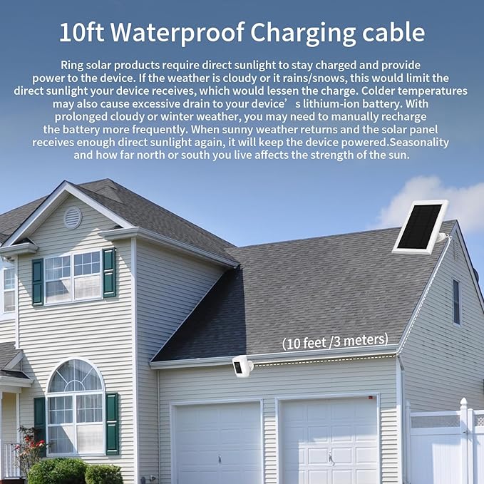 Solar Panel for Ring Camera(2nd Generation) Dustproof Waterproof 5W Solar Panel with 10FT/3M Long Cable for Stick Up & Pro Spotlight Cam Battery for Security Camera 1 Pack