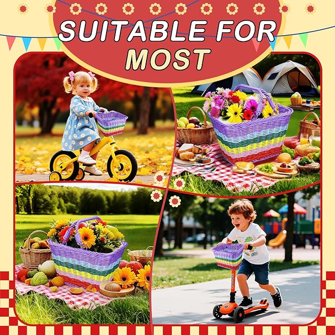 Picnic Basket with Handles, Rainbow Small Woven Wicker Basket for Kid Blue Garden Harvest Rattan Hamper Gift Basket Empty for Storage Toy Flower Wedding