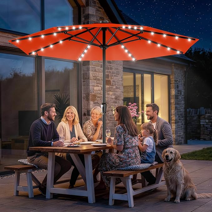 AreShark 11FT Large Patio Umbrella with Solar Lights, Lighted Solar Umbrella with Crank, Outdoor Table Market Umbrellas for Garden, Deck, Backyard, Pool and Beach, Orange