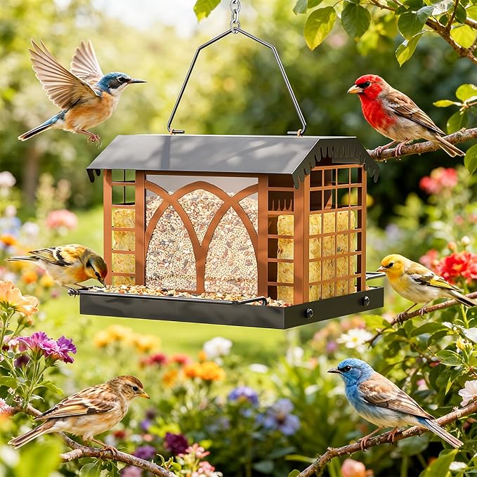 Bird Feeders for Outdoors Hanging, Metal Bird Feeder with Double Suet Cage Weatherproof Metal Roof, 3.5Lbs Large Capacity Great for Attracting Finch Cardinal Chickadee Wild Birds, Pinecone Brown