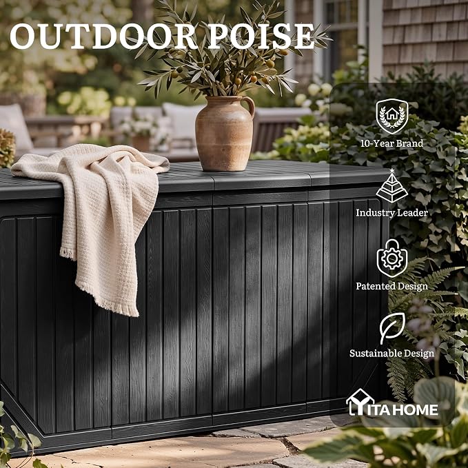 YITAHOME XXL 300 Gallon Extra Large Outdoor Deck Box, Lockable Resin Double-Wall Storage Box and Waterproof Patio Furniture Bin for Garden Tools & Pool Accessories, Black