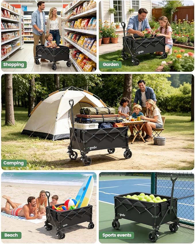 GVDV CW35 Wagons Carts Foldable, 42-Inch Extended Handle Collapsible Utility Wagon with Wheels, Shopping Cart, 330LBS Heavy-Duty Cart for Groceries, Camping, Beach, Garden, Sports