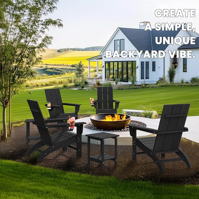 Modern Adirondack Chair with Cup Holder, HDPE Plastic Patio Chairs for All Weather, Fire Pit Chair, Outdoor Lawn Chairs for Deck, Porch, Backyard, Garden, Black
