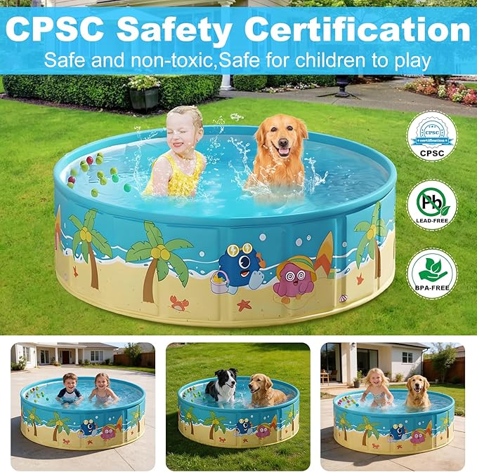 Foldable Swimming Pool for Kids 47.2"x17.7" Hard Plastic Portable Dog Pool Anti-Slip Collapsible Pets Bathtub Kiddie Pool Indoor Outdoor Backyard (JellieMons 48'')