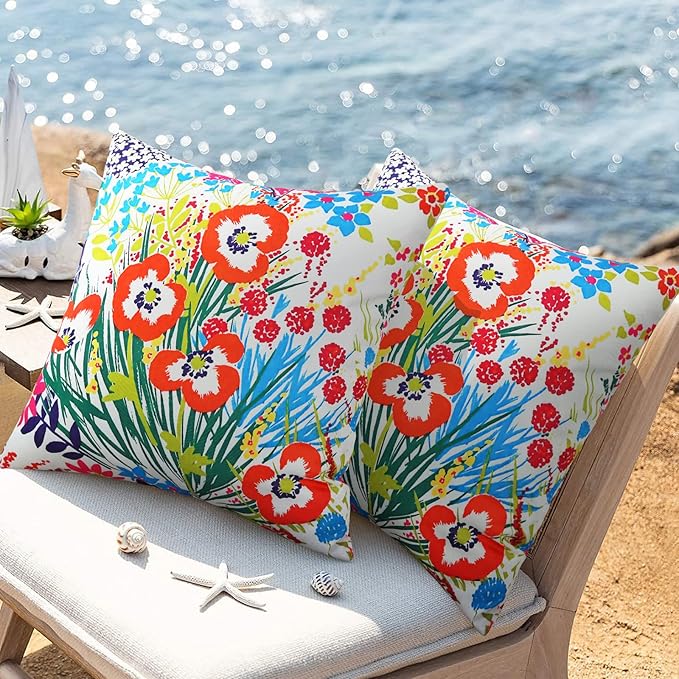 Merrycolor Pack of 2 Outdoor Pillow Covers 18x18 Waterproof Decorative Floral Square Pillowcase Cushion Cases Outdoor Pillows for Patio Furniture Garden Balcony Couch