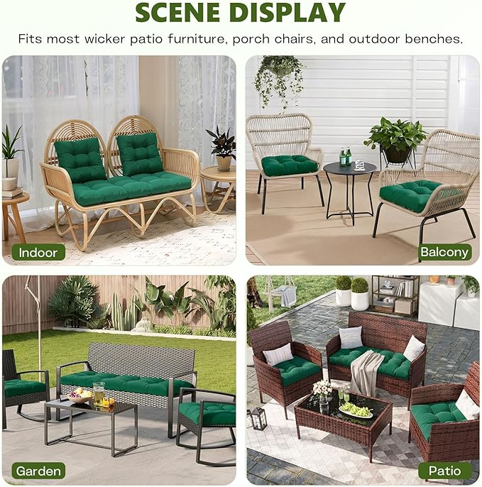 Wicker Chair Cushions Set, 2 U-Shaped Cushions & 1 Loveseat, Waterproof Outdoor Loveseat Cushion for Patio Furniture, Settee Bench Pad All Weather,Green