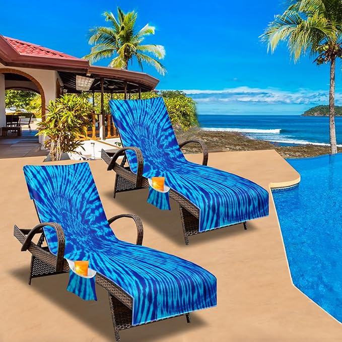 Lounge Chair Towel Cover, Beach Chair Cover (Pack of 2), Pool Lounge Chair Covers for Outdoor,Garden, Beach,Sun Lounger,Hotel Pool,Large Size and No Sliding, 85" X 30", Blue Tie Dye