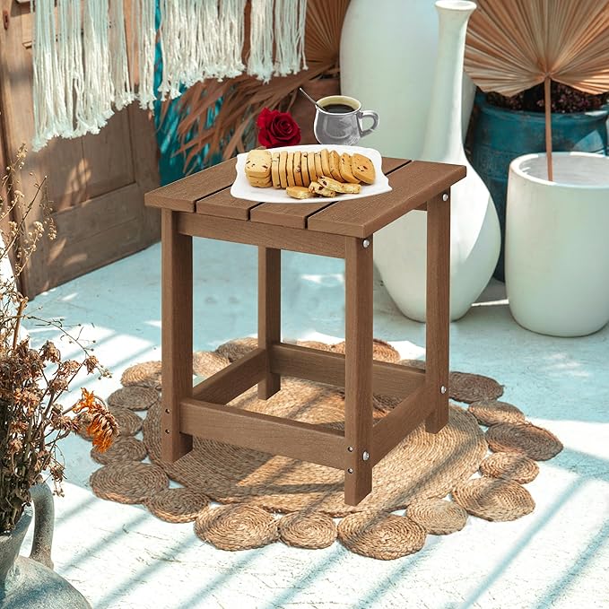 LZRS Square Patio Side Table, Heavy Duty HDPE Outdoor End Table with Wood Texture, Weatherproof Composite Table for Adirondack Chairs, Deck, Pool, Indoor/Outdoor, No Peeling or Cracking(Brown)