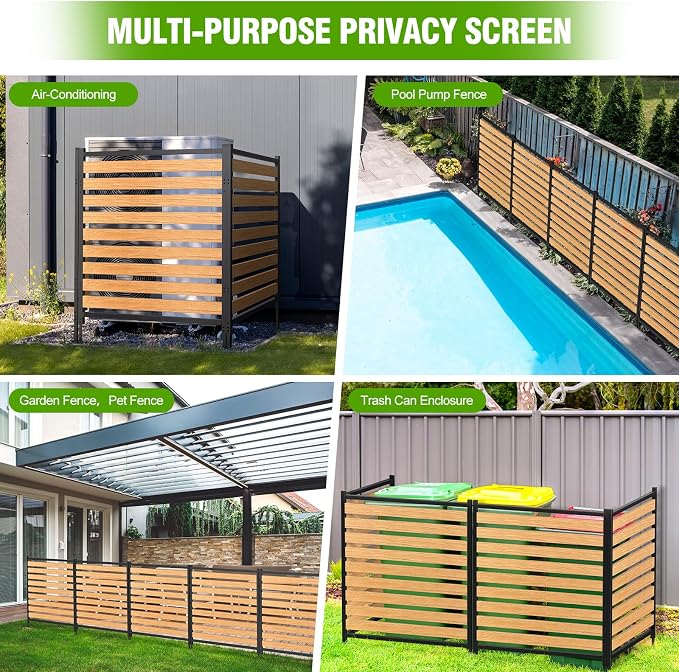Metal Air Conditioner Fence 3 Panels - 40.27" W x 54.6" H Outdoor Privacy Screen, No Dig Wooden Privacy Screen for AC Unit, Trash Can, Pool Equipment, Yard Garden,Brown