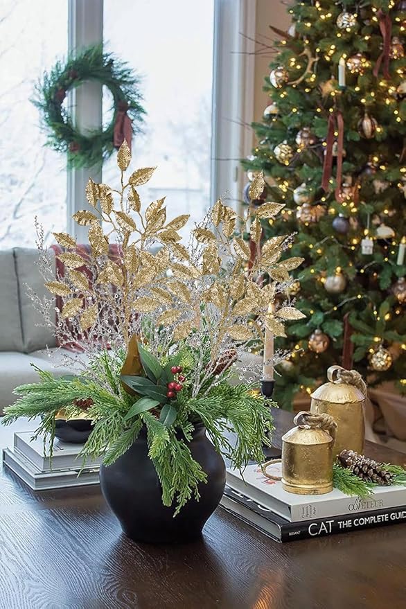 25.6" Christmas Glitter Leaves Stems, 5Pcs Artificial Champagne Leaf Spray Leaf Picks Tall for Christmas Tree DIY Xmas Wreath Garland Arrangment Vase Bouquets Table Centerpieces Decoration Home Decor