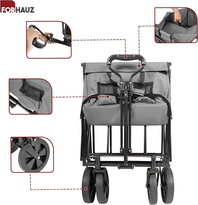 ForHauz Folding Collapsible Heavy Duty Wagon Cart with All-Terrain Wheels for Outdoor Utility, Beach and Garden, Gray
