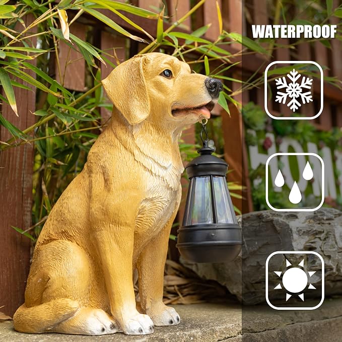 Garden Dog Statues Outdoor Decor, Golden Retriever Yard Outdoor Statue with Solar Lantern Lights Decorations Solar Dog Ornaments for Patio, Lawn, Yard Art Decoration, Housewarming Garden Gift for Mom