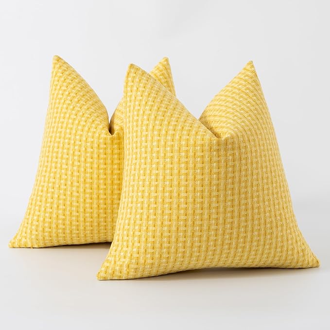 Kevin Textile Outdoor Waterproof Throw Pillow Covers Pack of 2 Weaving Texture Water Resistant Outside Decorative Cushion Covers for Garden Patio Tent Balcony Bench Couch Sofa 16x16 Inch, Yellow